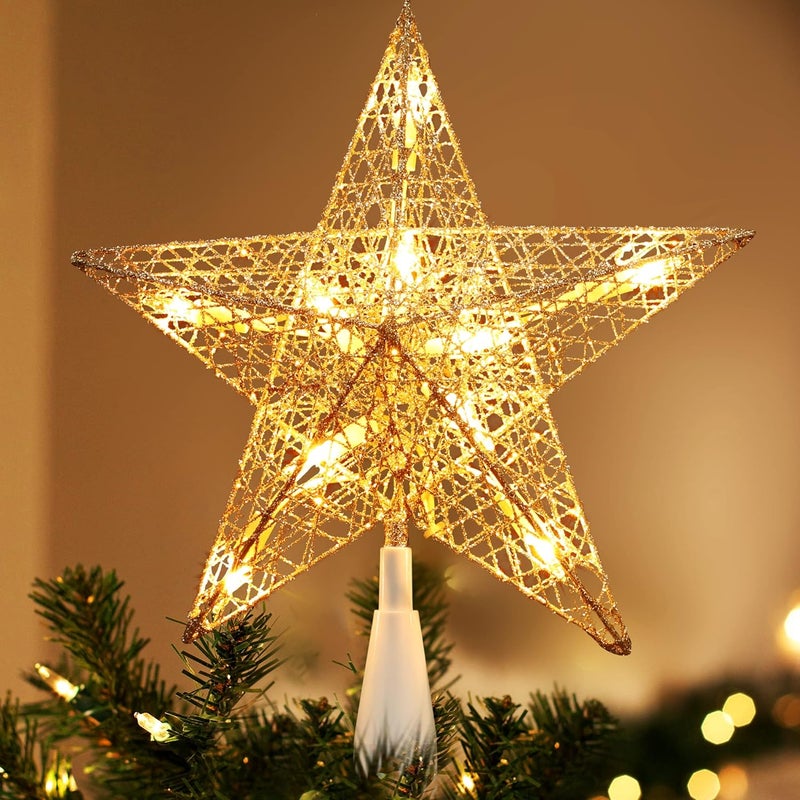 BRIZLER Silver Christmas Tree Topper, 9“ Christmas Star Tree Topper with 10 Warm White Lights, Pre-lit Glittered Star Treetop, 120V UL Listed Lighted Xmas Treetop for Christmas Tree Home Decorations - Image 1